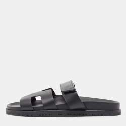 Hermes Black Leather Chypre Velcro Flat Sandals Size 40