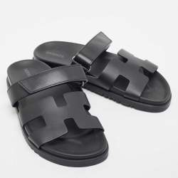 Hermes Black Leather Chypre Velcro Flat Sandals Size 40
