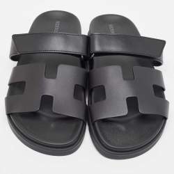 Hermes Black Leather Chypre Velcro Flat Sandals Size 40