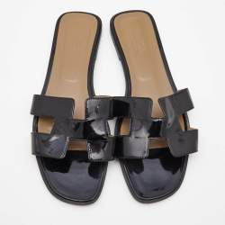 Hermes Black Patent Leather Oran Flat Slides Size 41