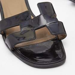 Hermes Black Patent Leather Oran Flat Slides Size 41