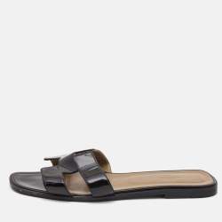 Hermes Black Patent Leather Oran Flat Slides Size 41