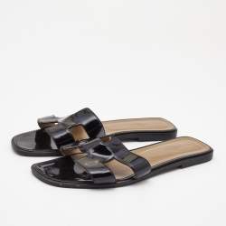 Hermes Black Patent Leather Oran Flat Slides Size 41