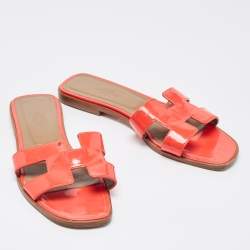 Hermes Red Patent Leather Oran Flat Slides Size 38