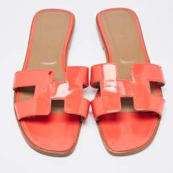 Hermes Red Patent Leather Oran Flat Slides Size 38