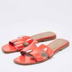 Hermes Red Patent Leather Oran Flat Slides Size 38