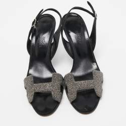 Pre Owned Hermes Silver/Black Suede and Glitter  Night  Sandals Size 37