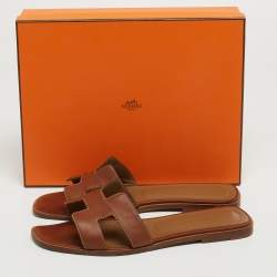 Hermes Brown Leather Oran Flat Slides Size 40