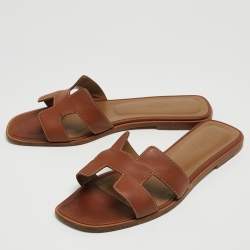 Hermes Brown Leather Oran Flat Slides Size 40