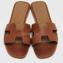 Hermes Brown Leather Oran Flat Slides Size 40