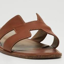 Hermes Brown Leather Oran Flat Slides Size 40