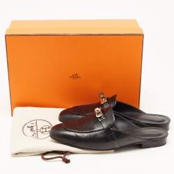 Hermes Black Leather Oz Flat Mules Size 37.5
