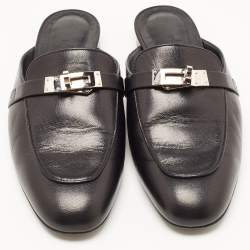 Hermes Black Leather Oz Flat Mules Size 37.5
