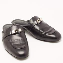 Hermes Black Leather Oz Flat Mules Size 37.5