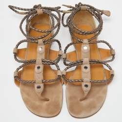 Hermes Beige Suede Thong Strappy Flat Slides Size 38