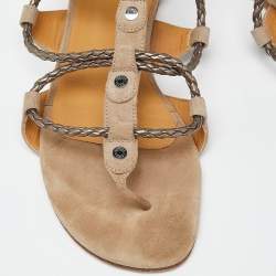 Hermes Beige Suede Thong Strappy Flat Slides Size 38
