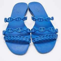 Hermes Blue D'ancre Chaine Rivage Flat Slides Size 38