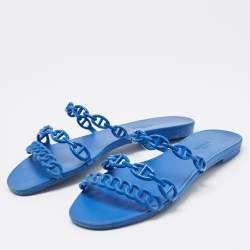 Hermes Blue D'ancre Chaine Rivage Flat Slides Size 38