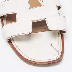 Hermes White Leather Oran Slip On Sandals Size 37.5