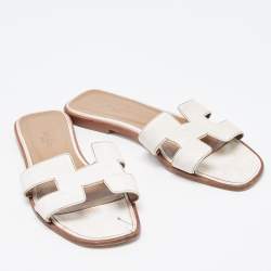 Hermes White Leather Oran Slip On Sandals Size 37.5