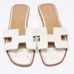 Hermes White Leather Oran Slip On Sandals Size 37.5
