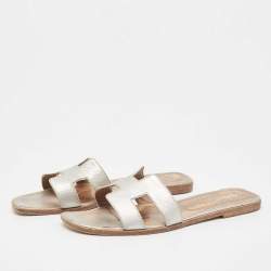 Hermes Silver Leather Oran Flat Slides Size 40.5