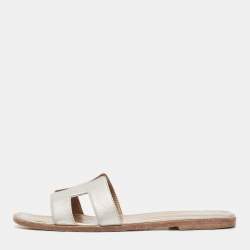 Hermes Silver Leather Oran Flat Slides Size 40.5