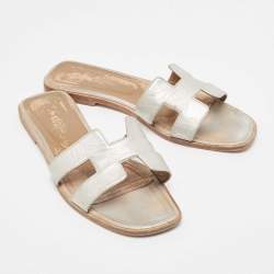 Hermes Silver Leather Oran Flat Slides Size 40.5