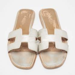 Hermes Silver Leather Oran Flat Slides Size 40.5
