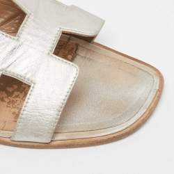 Hermes Silver Leather Oran Flat Slides Size 40.5