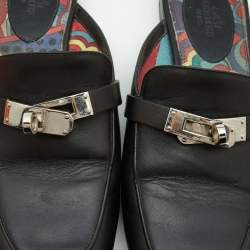 Pre Owned Hermes Black Leather Oz Flat Mules Size 37