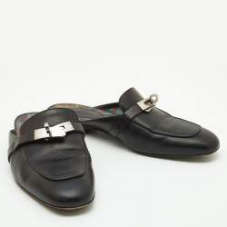 Pre Owned Hermes Black Leather Oz Flat Mules Size 37