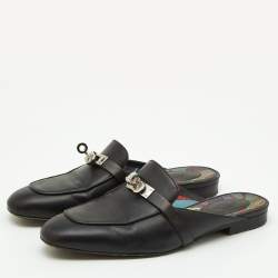 Pre Owned Hermes Black Leather Oz Flat Mules Size 37
