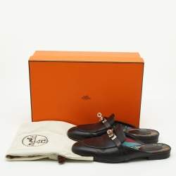 Pre Owned Hermes Black Leather Oz Flat Mules Size 37