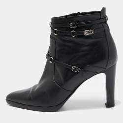 Pre Owned Hermes Black Leather Buckle Ankle Boots Size 40