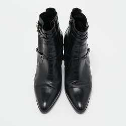 Pre Owned Hermes Black Leather Buckle Ankle Boots Size 40
