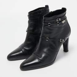 Pre Owned Hermes Black Leather Buckle Ankle Boots Size 40