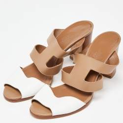 Hermes Brown/White Leather Slide Sandals Size 39