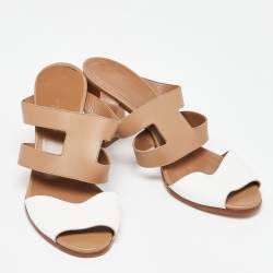 Hermes Brown/White Leather Slide Sandals Size 39
