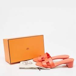 Pre Owned Hermes Orange Leather Oasis Slide Sandals Size 40.5