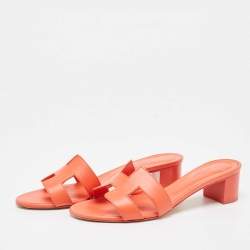 Pre Owned Hermes Orange Leather Oasis Slide Sandals Size 40.5