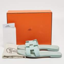 Hermes Light Blue Leather Oran Flat Slides Size 40.5