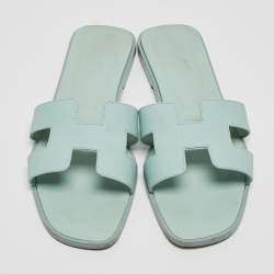 Hermes Light Blue Leather Oran Flat Slides Size 40.5