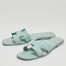 Hermes Light Blue Leather Oran Flat Slides Size 40.5
