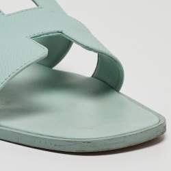Hermes Light Blue Leather Oran Flat Slides Size 40.5