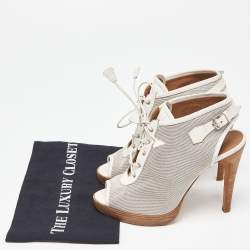 Hermes Grey/White Canvas and Leather Peep Toe Lace Up Slingback Booties Size 39