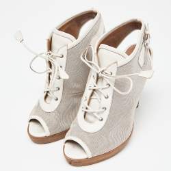 Hermes Grey/White Canvas and Leather Peep Toe Lace Up Slingback Booties Size 39