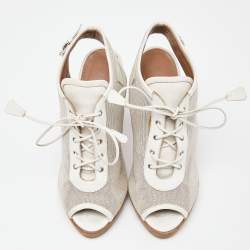 Hermes Grey/White Canvas and Leather Peep Toe Lace Up Slingback Booties Size 39