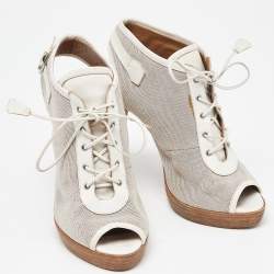 Hermes Grey/White Canvas and Leather Peep Toe Lace Up Slingback Booties Size 39