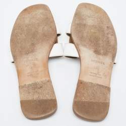 Pre Owned Hermes White Leather Oran Flat Slides Size 37.5